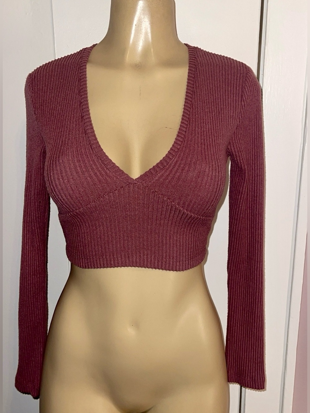 Wild Fable Cropped Ribbed Knit Long Sleeve Sweater Top Dusty Rose XXS